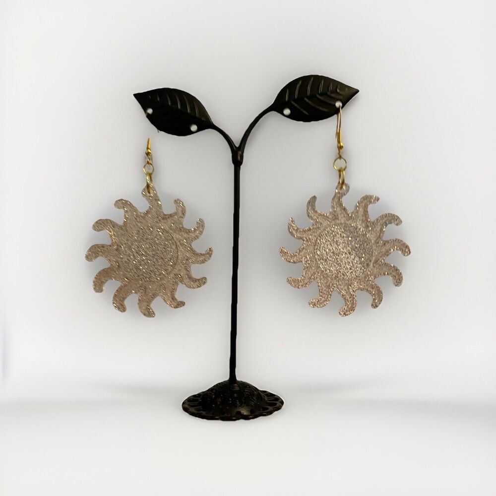 Glitter Sun Sunburst Earrings Dangle Gold Tone New Whimsical Celestial
